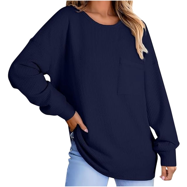 Meichang Chemise à Manches Longues pour Femmes Hauts de Printemps Blouses Texturées Tendance Col Rond Décontracté Pull Confortable avec Poche Poitrine