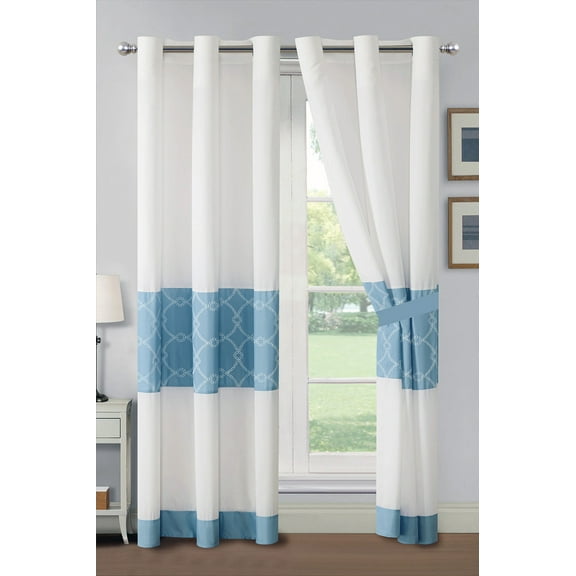 4-Pc Azora Floral Circle Trellis Embroidery Curtain Set Blue Off-White Grommet Sheer Liner
