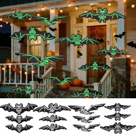 Gustave 12 Pcs Halloween Hanging Bats Decorations Large Realistic Scary Glowing Skeleton Bats Wall Decal Stickers for Indoor Outdoor Tree Yard Party Decor
