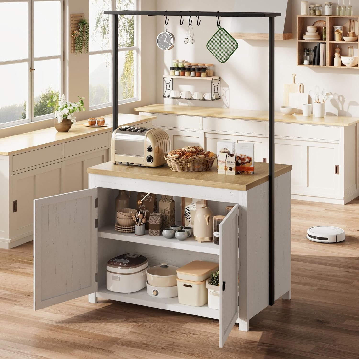 42" Kitchen Island with Storage, 1.2" Countertop Heavy-Duty Multi-Functional Kitchen Cart with 2 Tier Shelves, 5 Hooks, Metal Coffee Bar Table for Dining Living Room White