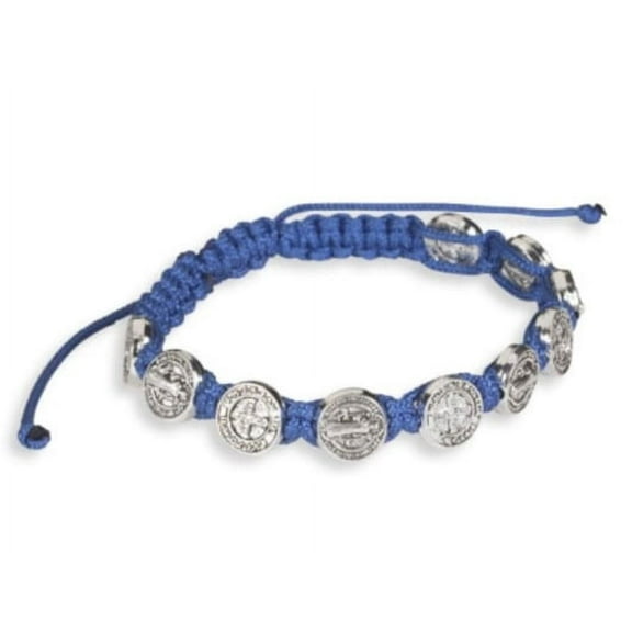 Blue St Saint Benedict Medal Silver Tone 8" Adjustable Cord Bracelet
