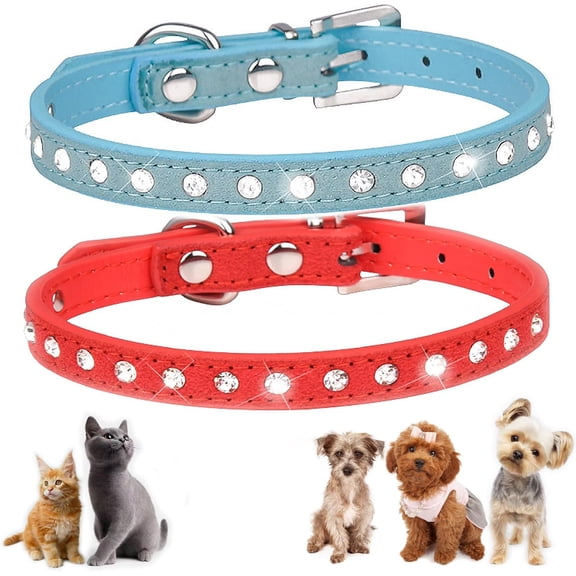 Small Dog Collar with Rhinestone, 2-Pack Bling Cat Collar Glitter Diamond Jewelry Crystal Girl Puppy Collar for XXS XS Small Medium Female Dogs & Kitten