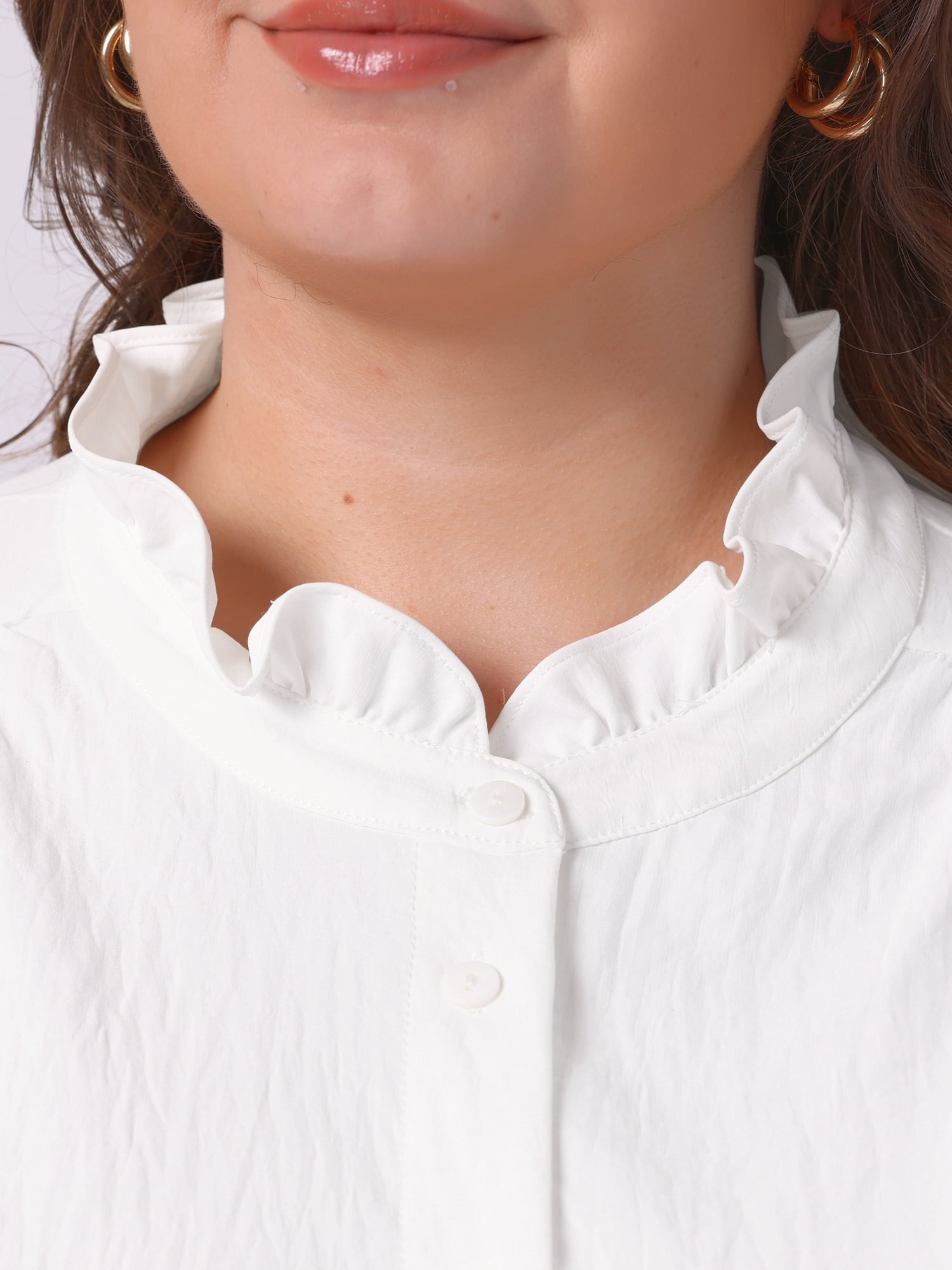 DARING DIVA Women's Plus Work Office Button Down Shirt Ruffle Stand Collar 2X White