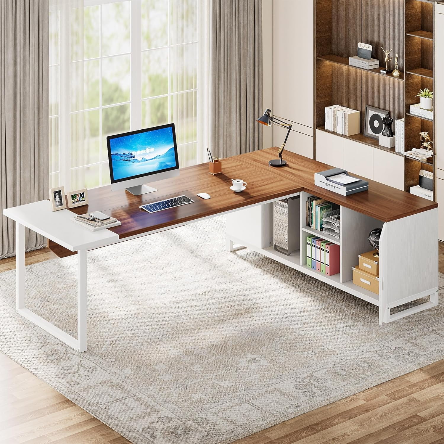 Tribesigns 70.8" Executive Desk with 55" File Cabinet, Industrial L Shaped Computer Desk, Large Executive Desk for Home Office, Walnut & White