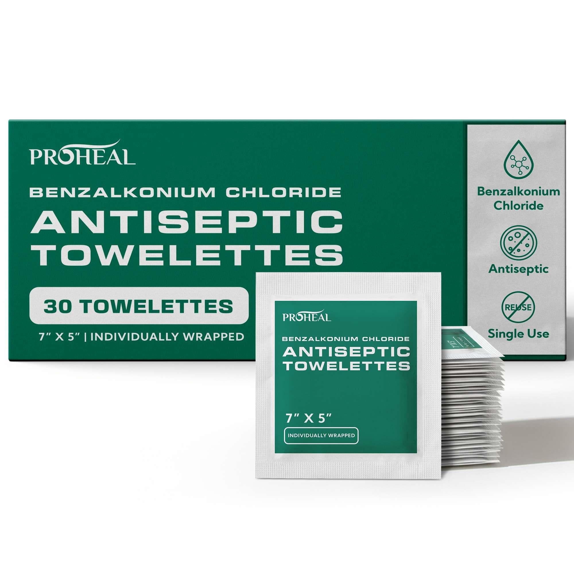 ProHeal BZK Antiseptic Wipes, 30 Count - 7"x5" Individually Wrapped Benzalkonium Chloride Antiseptic Towelettes - Alcohol Free for Minor Cuts, Scrapes, Burns, and More