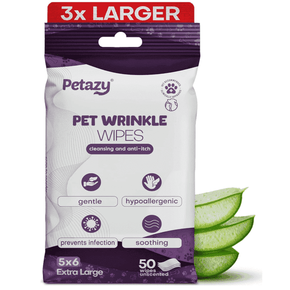 Petazy XL Dog Wrinkle Wipes with Aloe & Coconut Oil – Cleansing Pet Wipes for Bulldogs, Pugs & Wrinkled Breeds, Skin Folds, Tear Stains & Tail Pockets, 50 Count