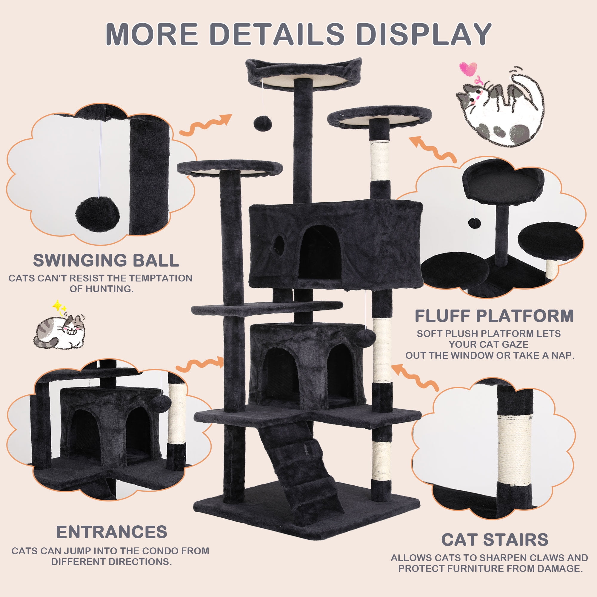 YRLLENSDAN 54 inch Tall Cat Trees and Towers for Small Medium Cats, Multi-Level Cat Tree Tower with Scratching Posts Stand Cat Condos Cat Towers for Indoor Cats Kitten Pet Play House