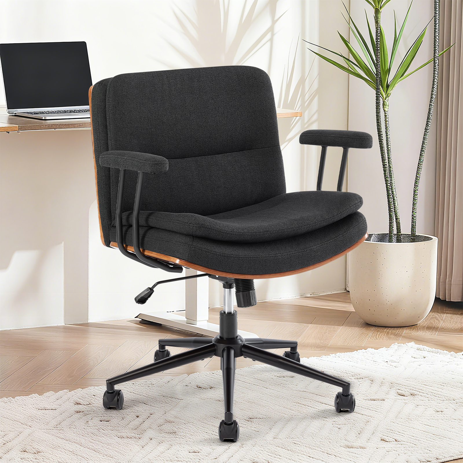 Home Office Desk Chair with Armrests & Wheels, Modern Walnut Swivel Rolling Executive Task Chair, Height Adjustable Ergonomic Computer Chair, Black Fabric
