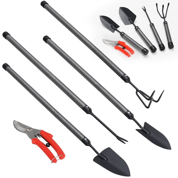 Ensemble d'Outils de Jardin, 5 Pcs d'Outils de Jardin Manuels avec Rallonges, Pelle Désherbeuse et Cisaille en Métal Antirouille pour Jardinage, Cisaille à Tailler, Fournitures de Jardinage, Cadeaux de Jardinage pour Femmes et Enfants