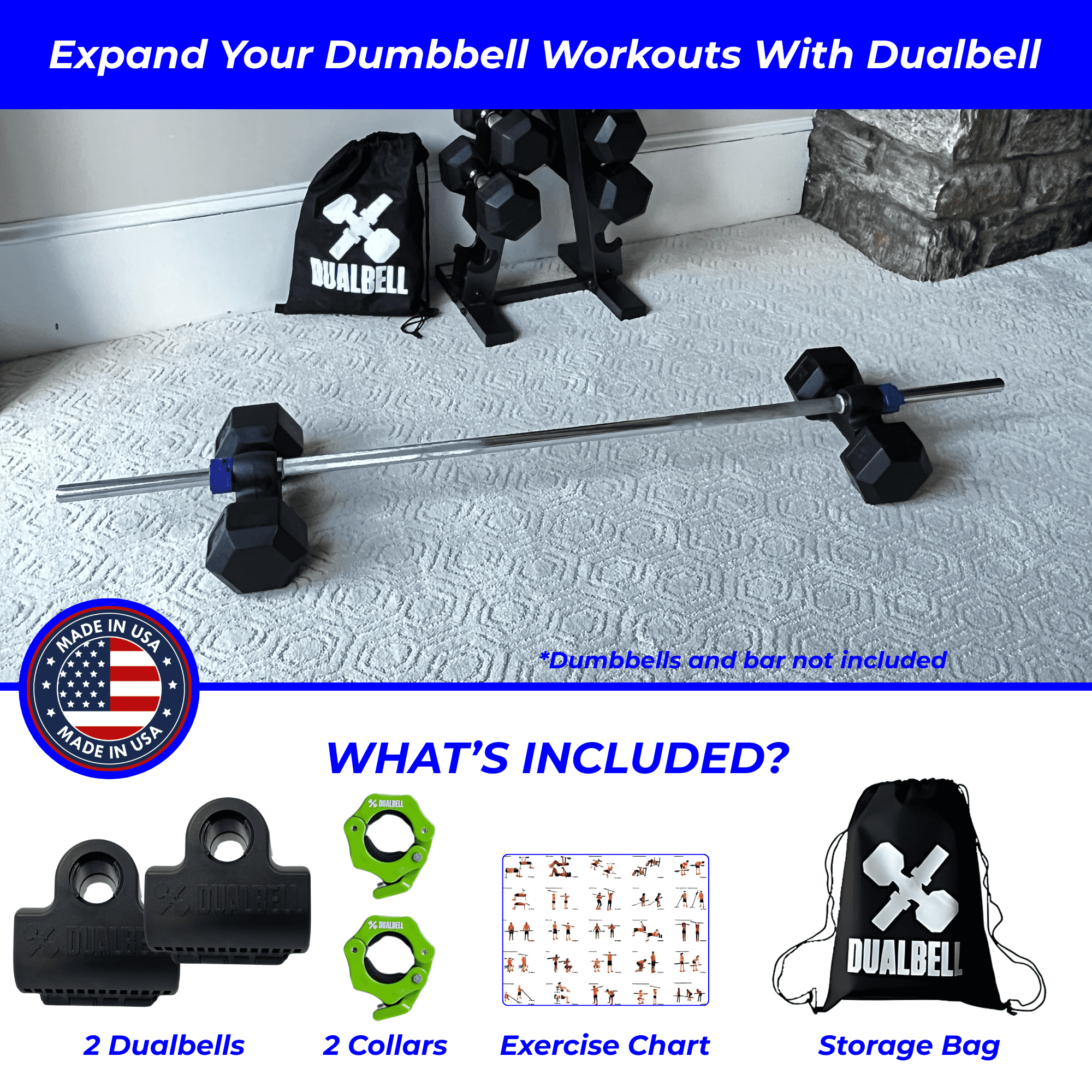 Dualbell Dumbbell Barbell Converter- Black w/Green Weight Collars- for 1" Standard Bars, Max 250lb Capacity - Dumbbell Converter Home Gym Equipment, Versatile Weight Lifting Set, For Men and Women