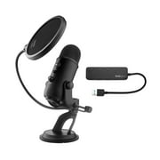 Blue Yeti Microphone (Blackout) with Knox Gear Pop Filter and 3.0 4 Port USB Hub