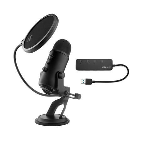 Blue Yeti Microphone (Blackout) with Knox Gear Pop Filter and 3.0 4 Port USB Hub