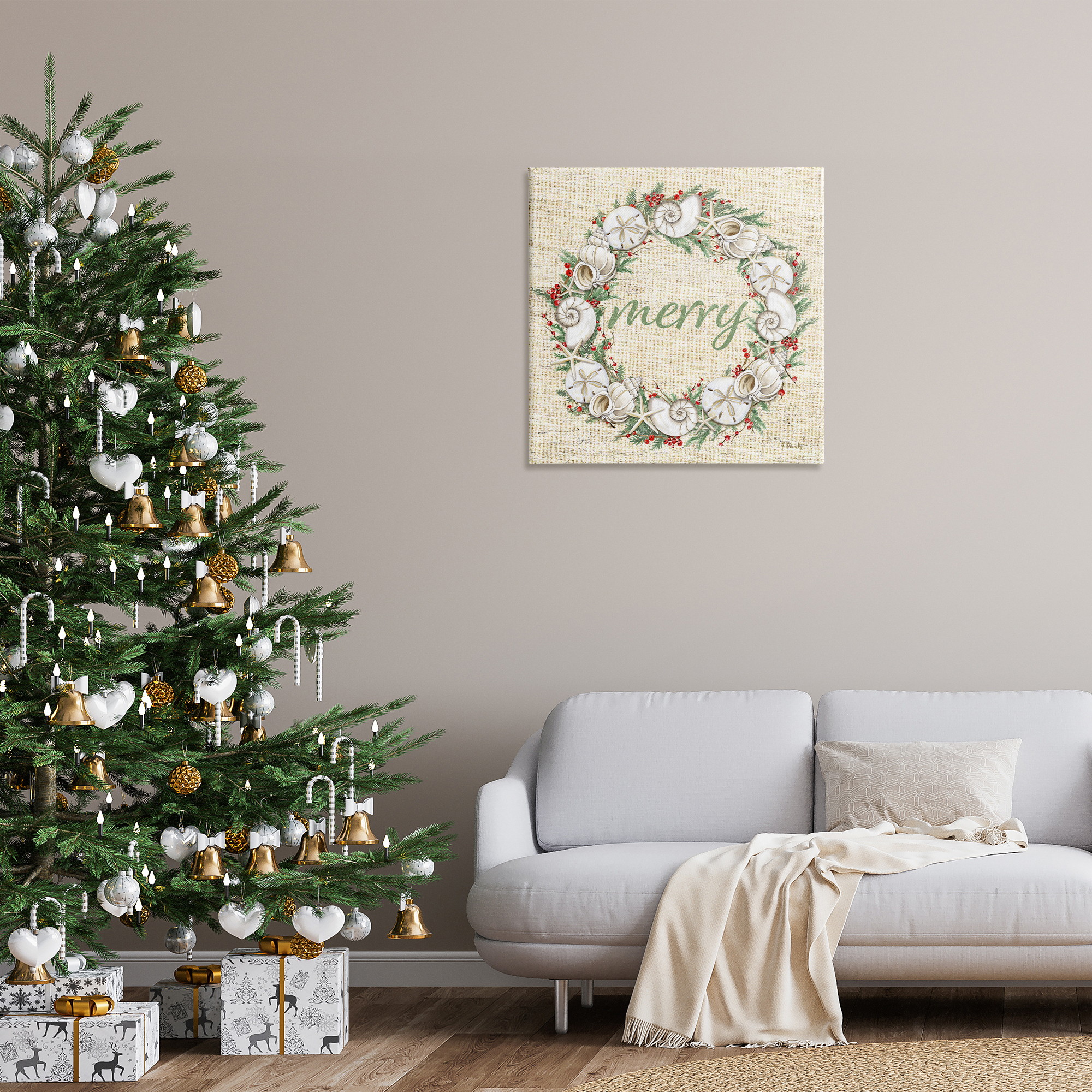 Stupell Industries Shells & Holly Merry Holiday Painting Wrapped Canvas Art Print Wall Art, 30 x 30