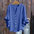 thumbnail image 6 of Only Moment Button Down Shirts for Women Long Sleeve V Neck Ruffle Sleeves Cotton and Linen/Wash Water Wrinkled Cloth Classic Fit Dress Shirt Work Business Casual Long Sleeve Blouse Tops Blue,M, 6 of 9