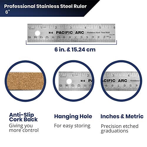 Pacific Arc Stainless Steel Ruler with Inch and Metric(mm), Non Skid Cork or Rubber Back