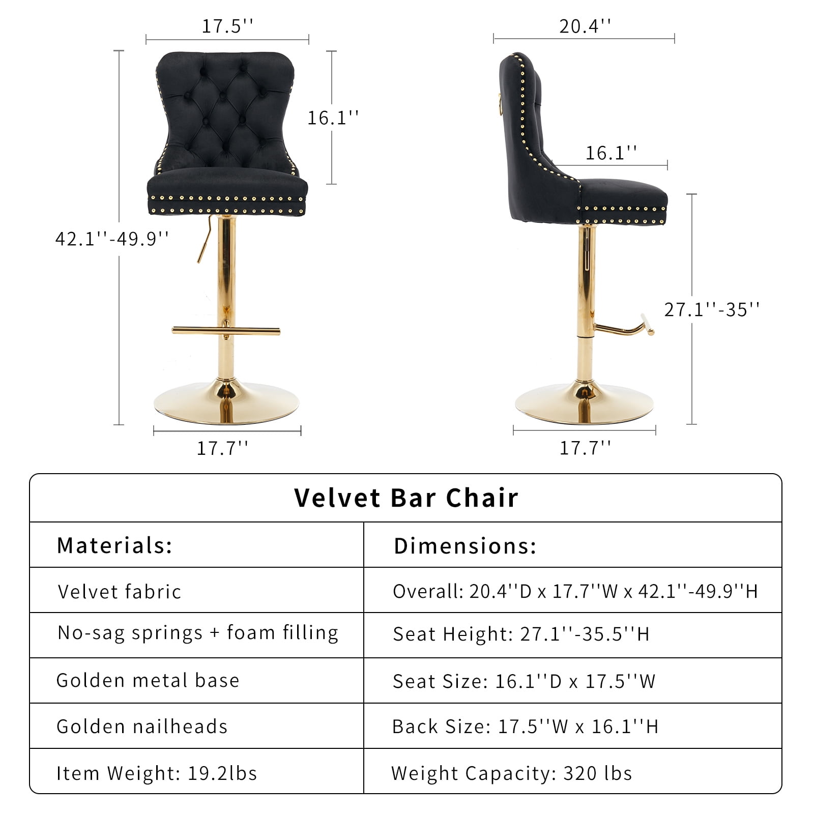 Black Velvet Swivel Bar Stools Set of 2 with Upholstered Back, Adjustable Counter Height Barstools, Bar Chairs for Home Bar Kitchen Island Pub Restaurant (2 Pcs, Black)