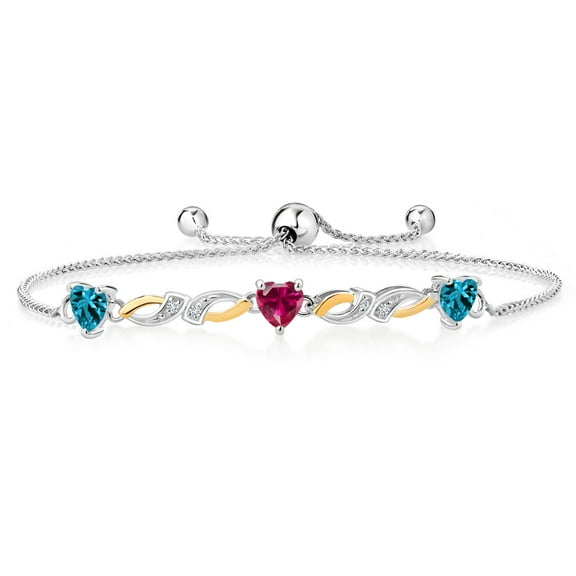Gem Stone King 1.73 Ct Heart Shape London Blue Topaz Red Created Ruby 925 Silver and 10K Yellow Gold Lab Grown Diamond Bracelet for Women