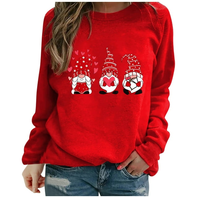 IROINID Offres Womens Vêtements d'Hiver Chandail à Capuche Détente Saint-Valentin Imprimé Cœur Col Rond Chandail en Molleton Haut, Rouge