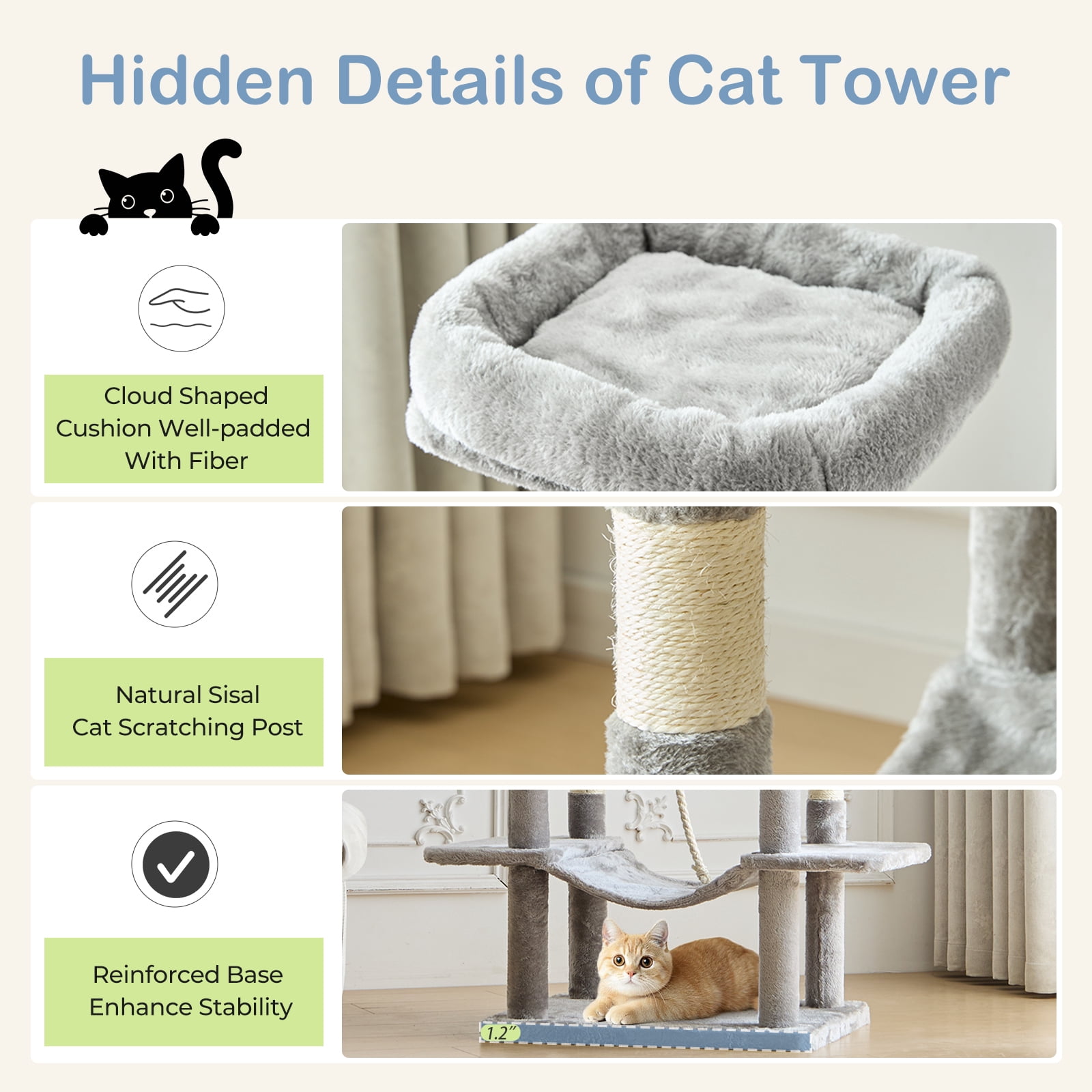 66" Multi-Level Cat Tree Tower with Sisal Scratching Post, Indoor Cat Climbing Tower with Ladder & Plush Toys for Rest & Play