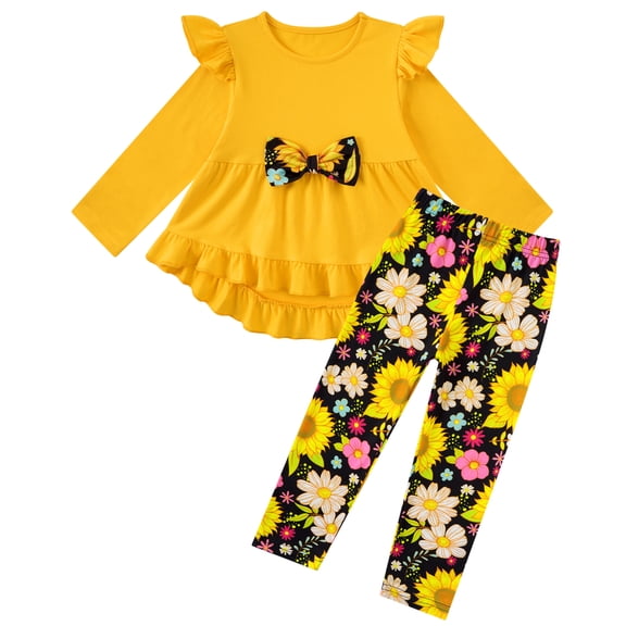 Lanbubble 1-5Y Toddler Girl 2-Piece Outfits Set Long Sleeve Ruffle Hem Top Floral Pants Fall Winter Kids Girl Clothes
