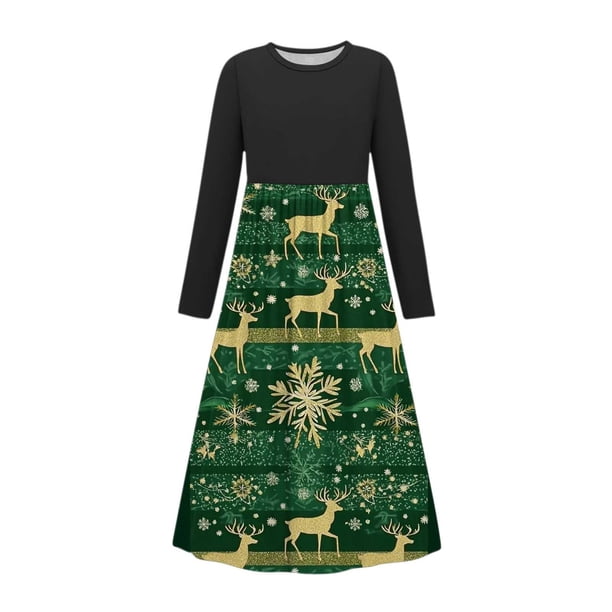 Vestido de manga larga con cuello redondo para niña, estampado navideño, manga larga, cuello redondo, bolsillos, falda larga informal para adultos, vestido de poliéster para niña.