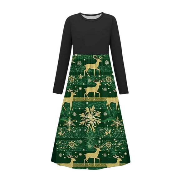 Robe Noire Garçon Fille Filles Col Rond Spandex Joyeuses Vacances Noël Brunch Robes pour Filles Manches Longues Imprimé Maxi Longue Été Automne Robes 2025 Vêtements Concert Country 7 Ans