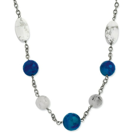 Sterling Silver Drusy Agate - Stainless Steel Blue Jade, Green Agate & Howlite Necklace 26'' inches length