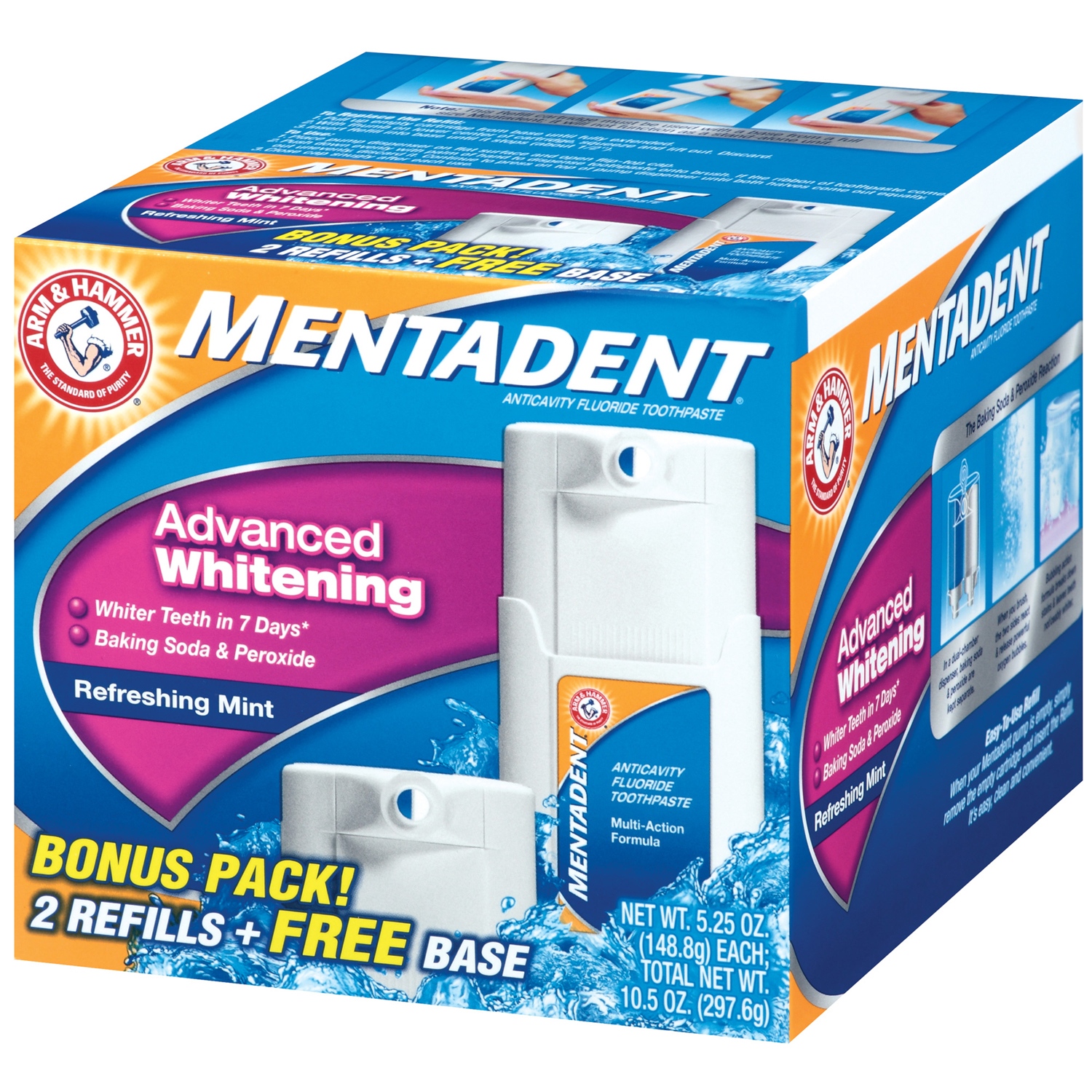 Mentadent® Advanced Whitening Refreshing Mint 5.25 oz. Refills + Bonus Base Toothpaste 2 ct Box - image 3 of 3