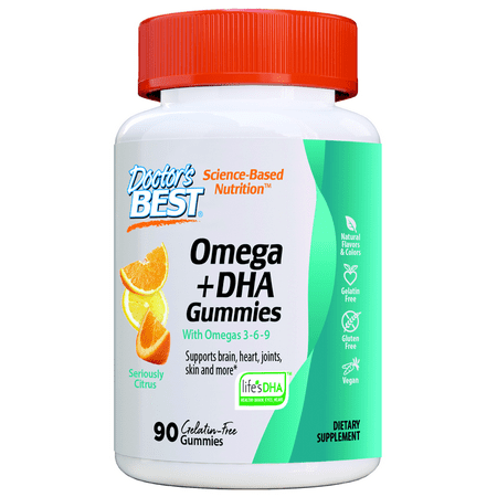 Doctor's Best Omega + DHA with Omegas 3-6-9, 90 Chewable Citrus Flavored Support for Brain, Heart, Joints, Skin and more, Gelatin Free,