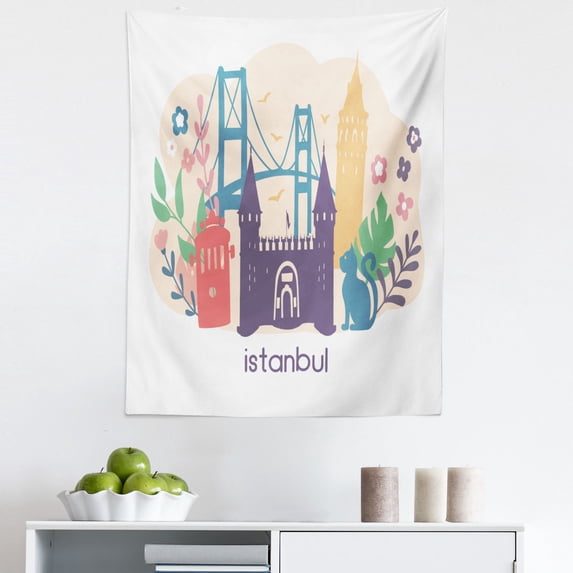 Travel Tapestry, Istanbul City Illustration with Colorful Floral and Landmarks, Fabric Wall Hanging Decor for Bedroom Living Room Dorm, 5 Sizes, Champagne and Multicolor, by Ambesonne