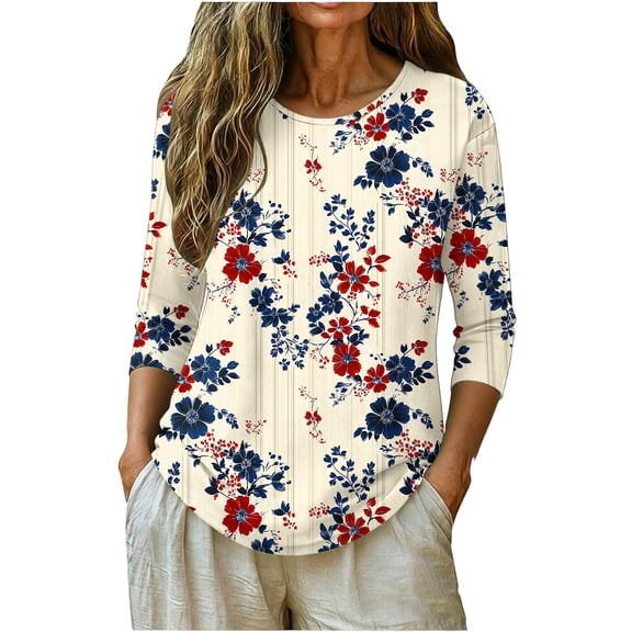Zivyakyron Patriotic Womens T Shirts Everyday Summer 4th of July Woman's Top Loose 3/4 Sleeve Casual Clothes