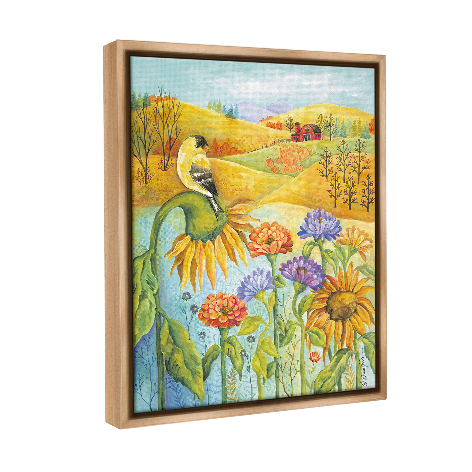 Stupell Industries Bird Perched at Farm Botanical & Floral Painting Brown Floater Framed Canvas Art Print Wall Art, 25 x 31