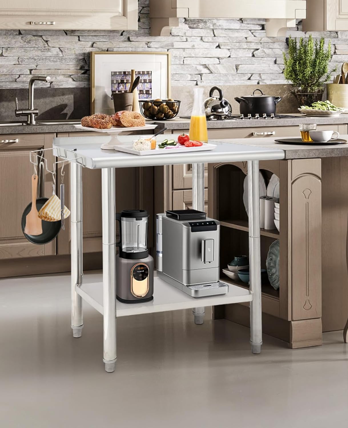 Kselythan Stainless Steel Table,Heavy Duty 2 Tier Worktable with Casters Backsplash Food Preparation Stainless Steel Table,Metal Prep Table for Kitchen Restaurant Commercial Workstation