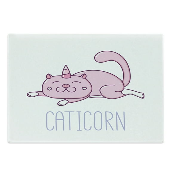 Unicorn Cat Cutting Board, Pink Cat a Horn and Funny Expression Lying Caticorn Cartoon Mascot, Decorative Tempered Glass Cutting and Serving Board, Large Size, Pink Lilac White, by Ambesonne