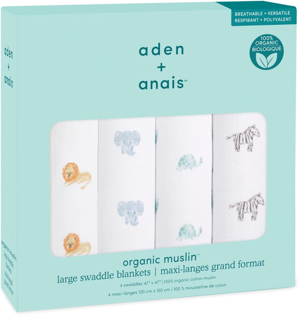 aden + anais Organic Cotton Muslin Swaddle Blanket, Multi Animal Kingdom, Unisex, 4-Pack