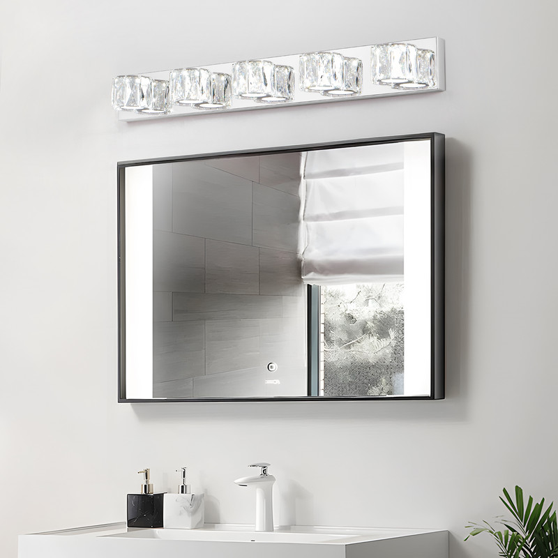 35" Modern 5-Light LED Crystal Bathroom Vanity Light, Chrome Wall Sconce with Clear Crystal Shades, Bathroom Lighting Fixtures Over Mirror for Vanity, Bedroom, Hallway