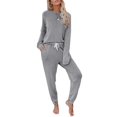 thumbnail image 1 of Conjunto de dos piezas para mujer: Top y pantalón de color liso degradado, cuello redondo, manga larga, pijama y pantalones cortos., 1 of 5