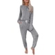 thumbnail image 1 of Conjunto de dos piezas para mujer: Top y pantalón de color liso degradado, cuello redondo, manga larga, pijama y pantalones cortos., 1 of 5