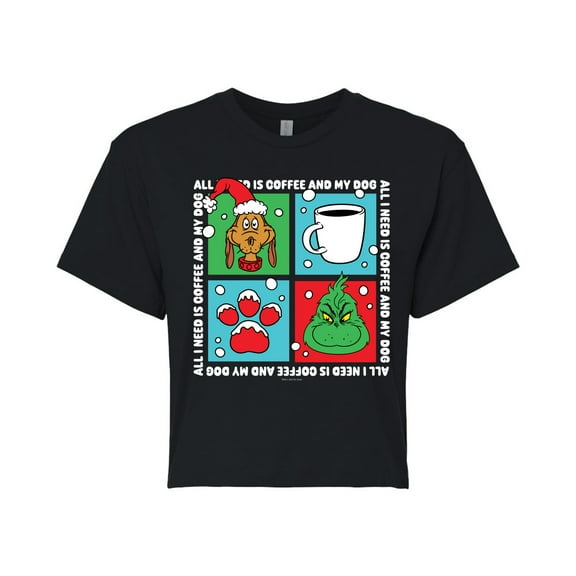 The Grinch - Grinch Coffee And Dog Grid - Juniors Cropped Cotton Blend T-Shirt