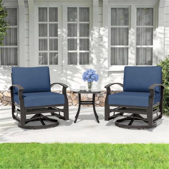 Gotland 3PCS Outdoor Aluminum Swivel Rocking Chairs, 2-Person Patio Furniture Conversation Set with Coffee Table and Cushions, Navy Blue