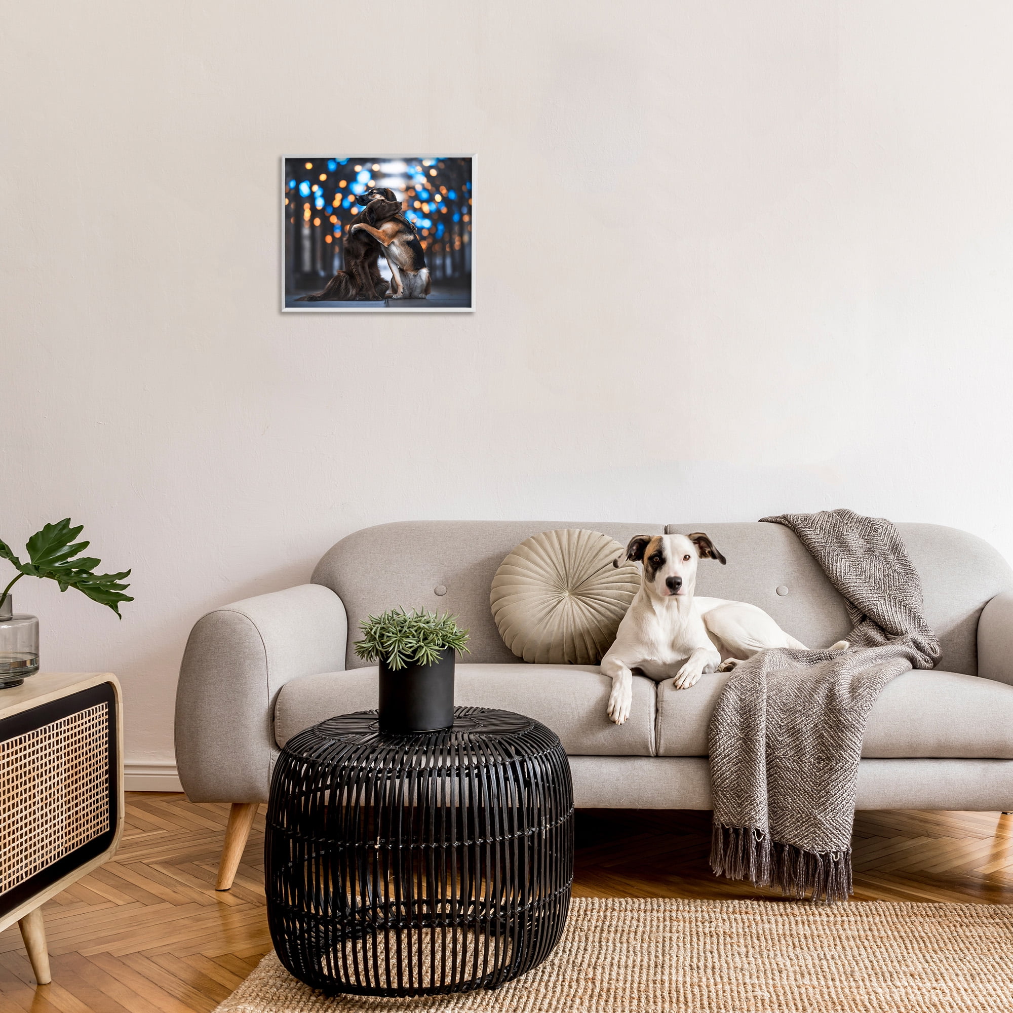 Stupell Industries Hugging Dogs with Bokeh Animals & Insects Painting White Framed Art Print Wall Art, 20 x 16