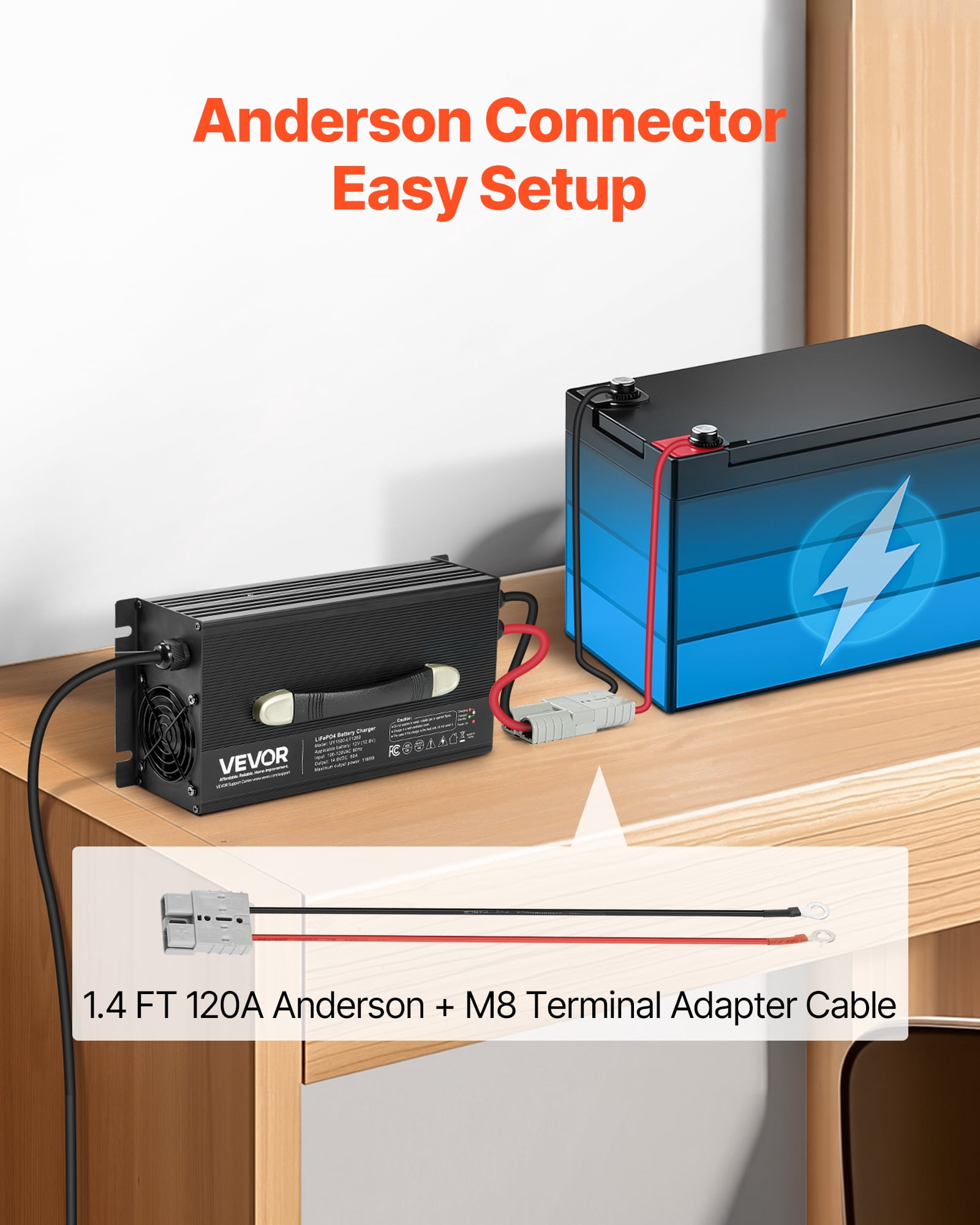 VEVOR 12V 80A Lithium Battery Charger, 14.6V, AC-DC LiFePO4 Smart Charger, with Anderson Connector, LED Indicator, 0V Activation, for Lithium LiFePO4 Deep Cycle Rechargeable Batteries of Boat, RV
