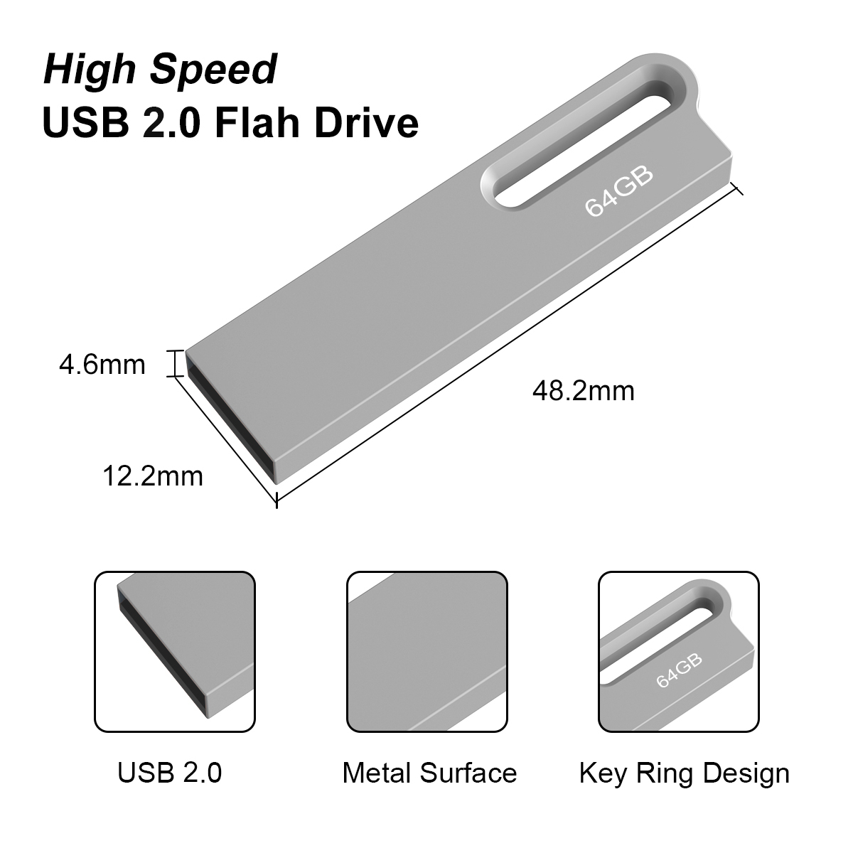 64GB USB 2.0 Flash Drive 3PCS TOPESEL Slim Metal Thumb Drive Mini Memory Stick Pen Drive Silver