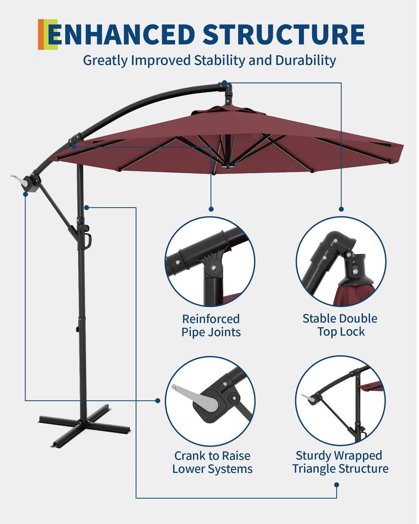 Arigeas 10FT Cantilever Umbrella with Cross Base, Outdoor Offset Patio Umbrella with Tilt and Crank Lift
