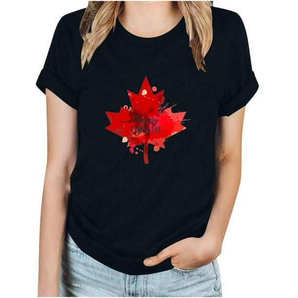 Camisetas de Manga Corta para Mujeres Canadá Día Hoja de Arce Impresión Básica de Verano Tee, Cuello Redondo Camiseta Casual