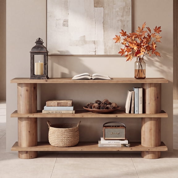 Finmind 63-inch Solid Wood Console Table, 3-Tier Entryway Table with Storage Shelves, Narrow Sofa Console for Living Room, Hallway, Rustic Brown
