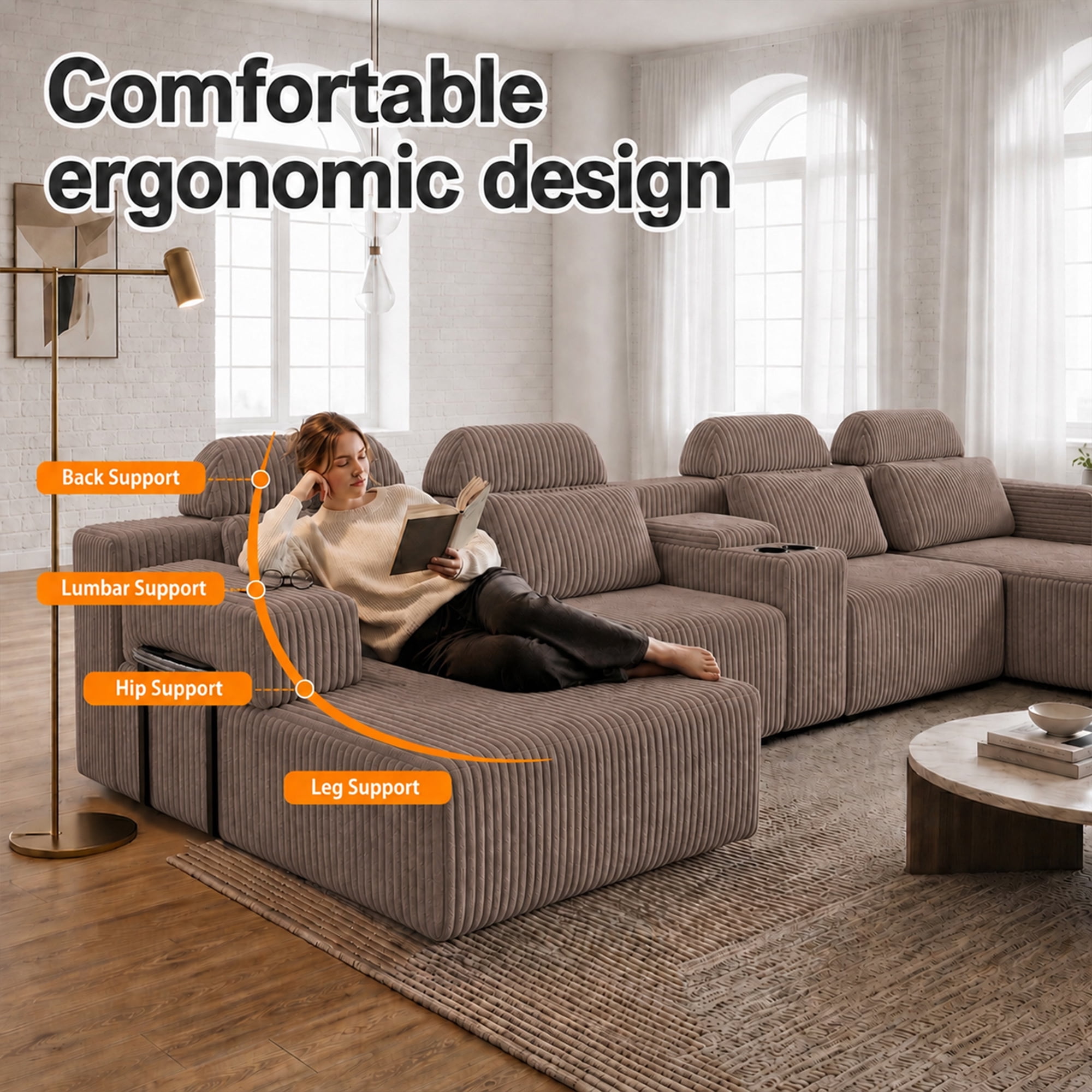 Leumius 145.7" U-Shaped Corduroy Sectional Sofa with Chaise,Cup Holders & Storage,Modern Modular 6-Seater Sofa Couch for Living Room,Coffee