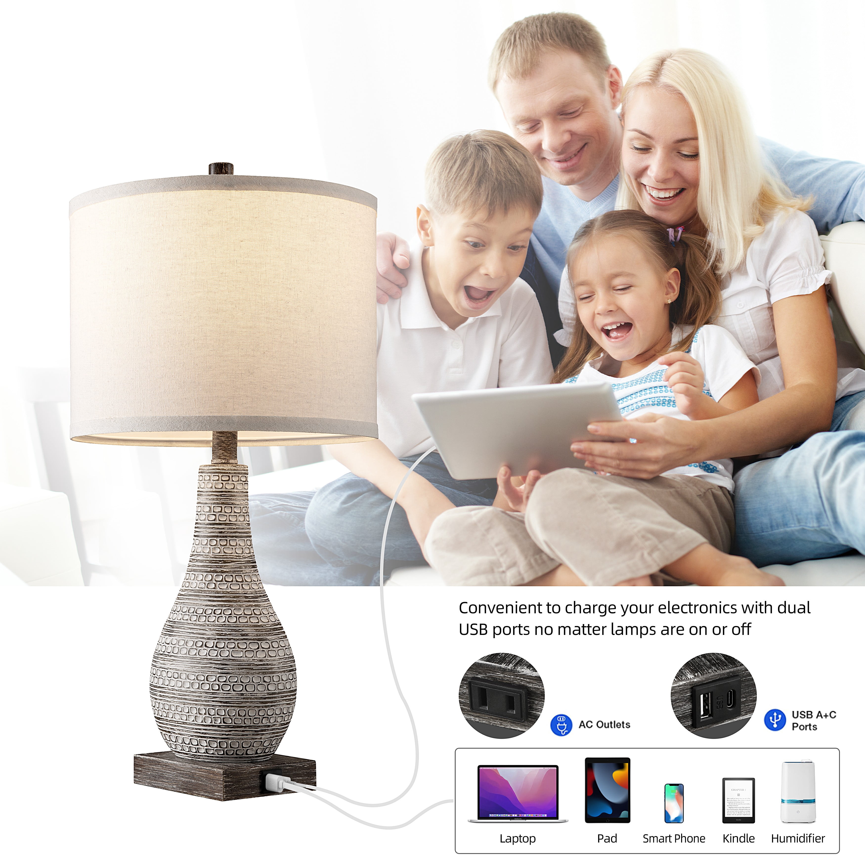 Kyrid 24'' Farmhouse Table Lamps Set with USB & NightLight, 3-Way Touch Control Table Lamps Set of 2 for Living Room (Bulbs Included)