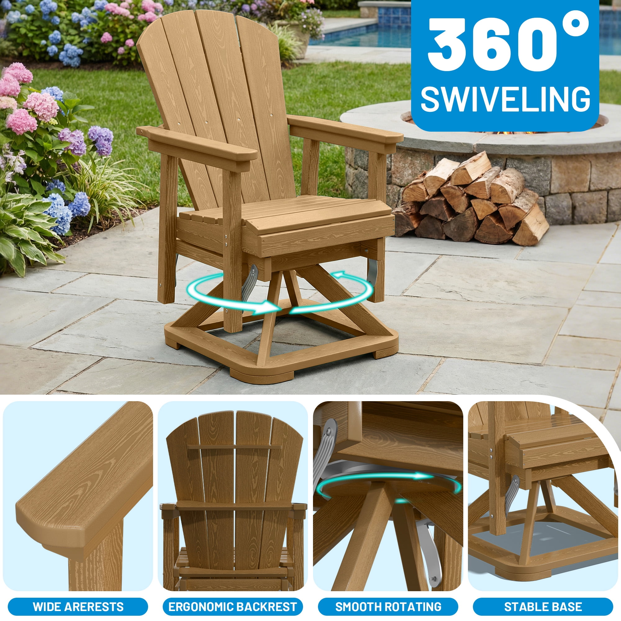 Easthome 360°Swivel Glider Adirondack Chair All-Weather HDPE Outdoor Rocking Chair with Ergonomic Backrest, Outdoor Swivel Rocker for Patio, Porch & Deck - Brown