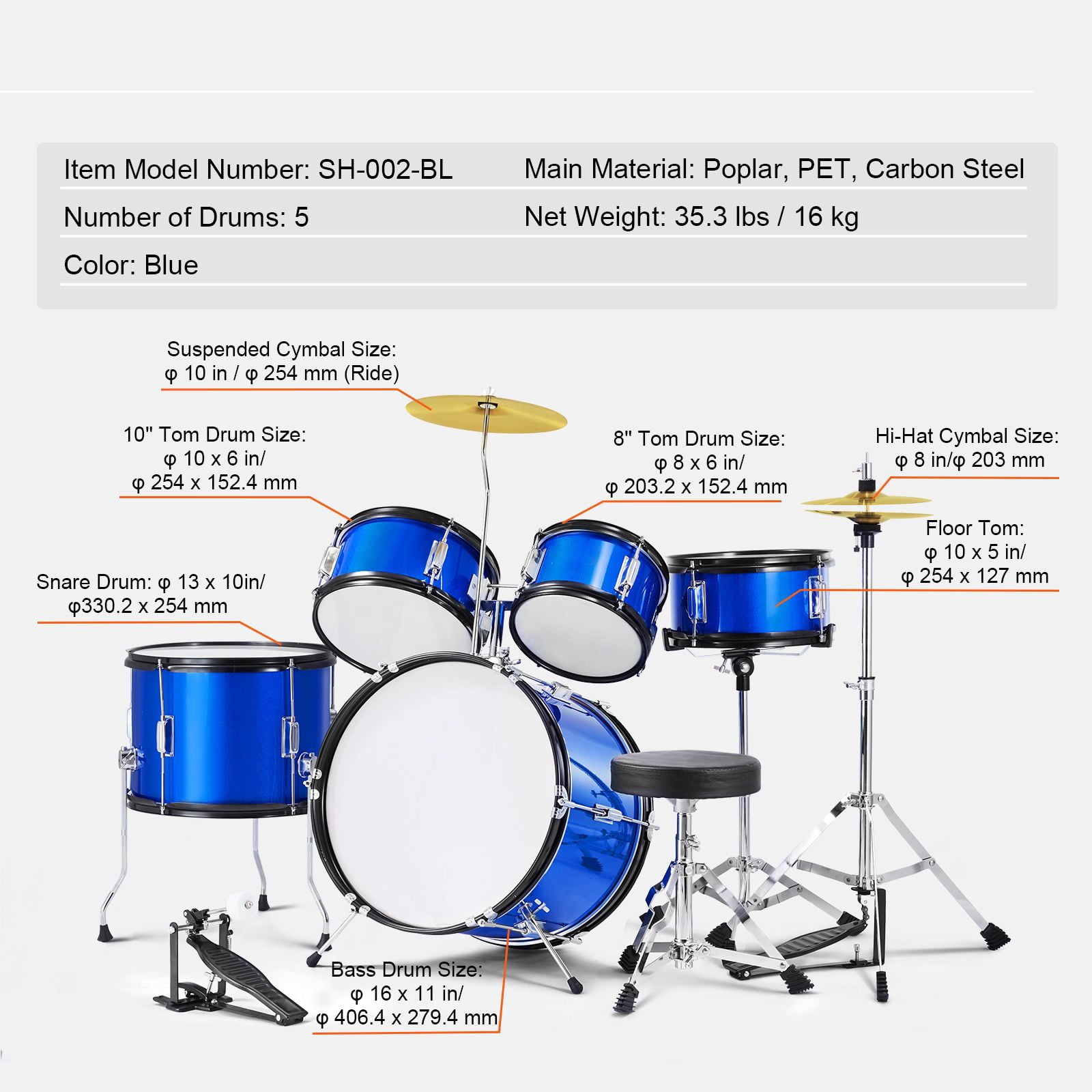 Kids Drum Set, 5-Piece, 16 in Beginner Full Drum Set with Bass Toms Snare Floor Drum Adjustable Throne Cymbal Hi-Hat Pedal and Two Pairs of Drumsticks, Starter Drum Kit for Child Kids, Blue